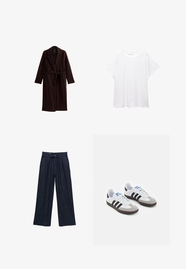 Długi brązowy płaszcz o dopasowanym kroju, z kołnierzem z klapami, długimi rękawami i paskiem w talii do zapięcia. Miękka tekstura i minimalne detale.; Biała koszulka wykonana z miękkiej, lekkiej tkaniny. Posiada okrągły dekolt oraz krótkie, szerokie rękawy, zapewniające luźny krój. Brak widocznych wzorów.; Szerokie spodnie z ciemnego dżinsu, z elastyczną talią ze sznureczkiem, zapięciem na guzik i subtelną strukturą. Brak widocznych wzorów lub akcentów.; Buty sportowe z białą skórzaną cholewką, szarym zamszowym noskiem i trzema czarnymi paskami. Posiadają niebieskie logo na języku oraz teksturowaną gumową podeszwę.