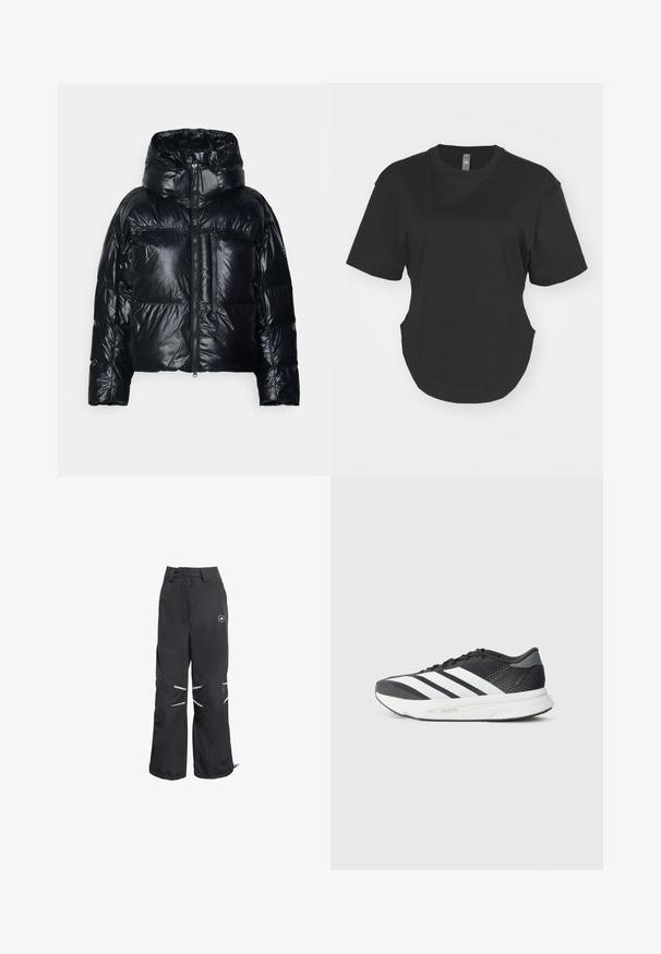adidas by Stella McCartney TRUENATURE SHORT PADDED WINTER - Vinterjacka - black; Svart kortärmad T-shirt i bomull. Rund halsringning med en kurvad fåll och sidoflikar. Slät textur, avslappnad passform.; Svarta vida byxor med reflexdetaljer på knäna, hög midja med bältesloopar, och en cirkulär logotyp på övre högra låret.; Svart atletisk sko med vita ränder, överdel i mesh, dämpad sula och en elegant design. Grå detaljer på hälen och tungan.