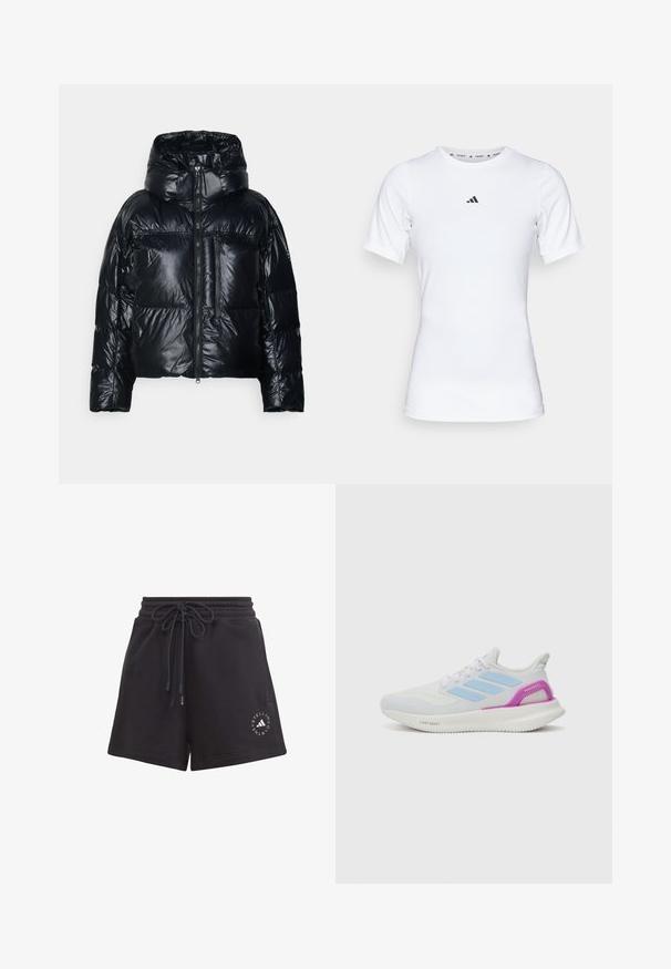 adidas by Stella McCartney TRUENATURE SHORT PADDED WINTER - Zimska jakna - black; Bjela atletska majica s kratkim rukavima, izrađena od glatkog, rastezljivog materijala. Na prsima se nalazi mali crni Adidas logo.; Crne kratke hlače od pamuka s vezicom u struku, s printom logotipa sa strane i mekanom, glatkom teksturom.; adidas Performance PUREBOOST 5 - Tenisice za cestovno trčanje - white/glow blue/purple burst