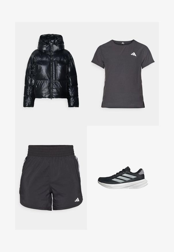 adidas by Stella McCartney TRUENATURE SHORT PADDED WINTER - Giacca invernale - black; T-shirt atletico a maniche corte, grigio scuro con texture perforata. Presenta un logo bianco e strisce laterali a contrasto. Girocollo.; Pantaloni sportivi neri con elastico in vita, tasche laterali e strisce bianche ai lati. Realizzati in materiale leggero.; Scarpa da corsa nera con tomaia in mesh, tre strisce argentate, intersuola bianca e suola testurizzata. Presenta un colletto imbottito e chiusura con lacci.