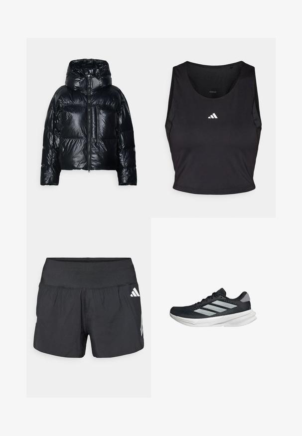 adidas by Stella McCartney TRUENATURE SHORT PADDED WINTER - Winter jacket - black; Black sports crop top made from moisture-wicking fabric, featuring a round neck, sleeveless design, and white logo on the chest.; Black athletic shorts featuring a wide elastic waistband, lightweight fabric, and white logo accents on the lower side.; Black running shoe with mesh upper, three silver stripes, white midsole, and textured outsole. Features padded collar and lace closure.