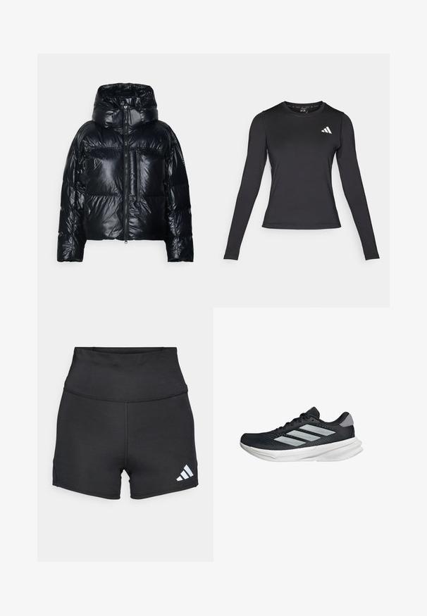 adidas by Stella McCartney TRUENATURE SHORT PADDED WINTER - Winter jacket - black; Black long-sleeve athletic shirt made of smooth, stretchy material. Features a white logo on the chest. Fitted design with round neckline.; adidas Performance Leggings - black; Black running shoe with mesh upper, three silver stripes, white midsole, and textured outsole. Features padded collar and lace closure.