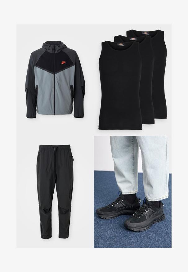 Casaco com capuz da Nike, apresentando um esquema de cores em preto e cinza com um design geométrico, bolsos com zíper e um logótipo vermelho em destaque no peito.; Tops de tanque pretos em um pacote de três. Textura canelada, decote redondo padrão, sem mangas. A barra apresenta um pequeno logotipo da marca na parte inferior.; Calças leves pretas com cintura elástica, cordão, bolsos laterais com fecho de correr, joelhos articulados e fechos de correr nos tornozelos.; Sapatilhas desportivas pretas com tecido texturizado e solas em borracha, apresentando atacadores elásticos e um detalhe azul no calcanhar. Usadas com calças de ganga claras.