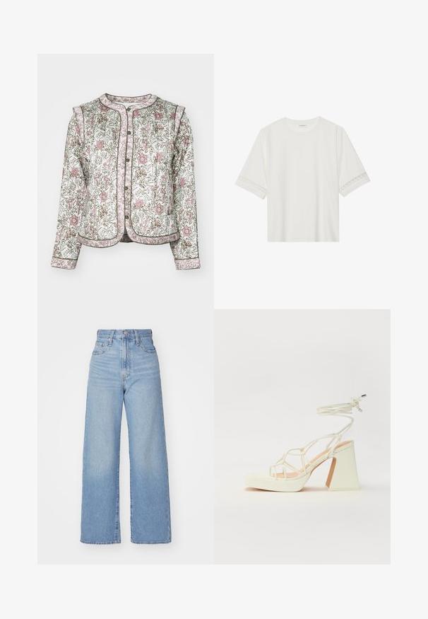 Giacca trapuntata bianca con un motivo floreale in rosa e verde. Presenta un collo rotondo, chiusure a pulsante e una finitura profilata e texture.; T-shirt bianco a maniche corte in cotone, con bordi in pizzo decorativi lungo le maniche e scollo rotondo.; Jeans a vita alta blu chiaro con gamba larga, chiusura frontale con bottone e zip, tasche anteriori e posteriori, su uno sfondo bianco.; Sandalo bianco con tacco alto, caratterizzato da un design a cinturini e un legaccio alla caviglia. Texture liscia con una piattaforma frontale per un'altezza aggiuntiva.