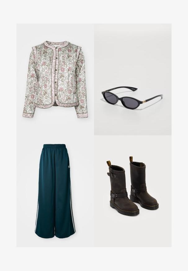 Valkoinen peitoitettu takki, jossa on pinkki ja vihreä kukkakuosi. Ominaisuuksiin kuuluvat pyöreä kaula-aukko, nappikiinnitys sekä päällystetty ja teksturoitu viimeistely.; Kolme tanktoppi mintunvihreänä, mustana ja beigeenä; ribbikankaasta valmistettu, pyöreällä kaula-aukolla ja ilman hihoja. Brändilabel näkyvissä.; Teal-väriset, leveät collegehousut, joissa on elastinen vyötärö, ja joissa on kolme valkoista raitaa sivuilla sekä Adidas-logo vasemmalla puolella.; Tummanruskeat nahkakengät, joissa on keskipolven pituinen muotoilu, keltaiset ompeleet, säädettävät solkihihnat ja vetonauhat ylhäällä. Rapeutettu pinta.; Mustat aurinkolasit, joissa on ovaalit linssit, tummat sävygradientit ja kapeat varret, joissa on hienovaraiset kultaiset yksityiskohdat. Sileä muovipinta.