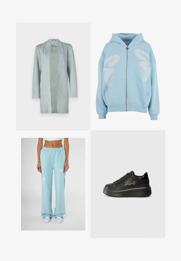 Világos zöld, hosszú ujjú dzseki, puha, velúrszerű anyagból, egyenes vonalvezetéssel és középső panellel, amely egy kicsit sötétebb árnyalatú.; Világoskék, cipzáros kapucnis felső, puha anyagból készült, elöl nagyméretű fehér grafikai mintával, kenguruzsebekkel és bordás mandzsettákkal.; Fehér rövid ujjú póló, fekete "I" és "MYSELF" felirattal, rózsaszín pillangó dizájnnal, amely gyöngyökből készült. Testhezálló fazon.; Világoskék, kényelmes szabású melegítőnadrág, fehér absztrakt mintával mindkét combján és rugalmas derékkal.; Fekete platform sportcipők, amelyek sima bőr felsőrésszel, lapos fűzőkkel és hímezett "Karl" logóval rendelkeznek az oldalukon. Kerek orrúak és vastag talpúak.