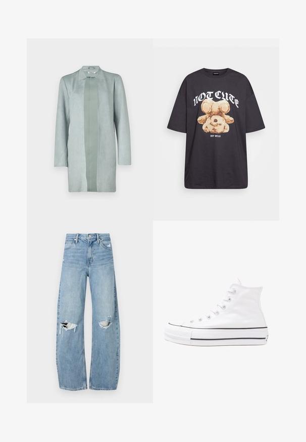 Svetle zelená, dlouhá bunda s dlouhým rukávem vyrobená z měkkého materiálu podobného semiši, s rovnou siluetou a středovým panelem o mírně tmavším odstínu.; Černé oversized tričko s grafikou medvěda a textem „NENÍ CUTE, ALE DIVOKÝ“ v tučném bílém písmu. Bavlněný materiál.; Světle modré džíny s vysokým pasem vyrobené z denimu. Mají široké nohavice, dvě roztržené oblasti na kolenou a klasický pětikapsový střih.; Bílé vysoké plátěné tenisky s černou gumovou podrážkou, přední gumovou špičkou a šesti očky na tkaničky, se čistým, minimalistickým designem.
