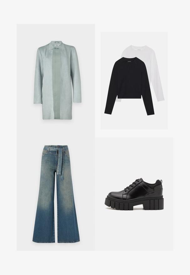 Hellegrüne, langärmelige Jacke aus weichem Wildleder ähnlichem Material, mit gerader Silhouette und einem zentralen Einsatz in einem leicht dunkleren Farbton.; Zwei langärmelige Hemden: eines schwarz und eines weiß. Beide haben einen Rundhals, Raglanärmel und bestehen aus einem weichen Baumwollmischgewebe.; Weit geschnittene Denim-Hosen mit einem Farbverlauf von hellblau zu dunkelblau, hoher Taille, Gürtelschlaufen und einem passenden Stoffgürtel. Strukturierte Denim-Oberfläche.; Schwarze Lederplateauschuhe mit klobigem Blockabsatz, runder Zehenpartie und traditionellem Schnürdesign. Verfügt über eine glatte Textur und minimale Details.