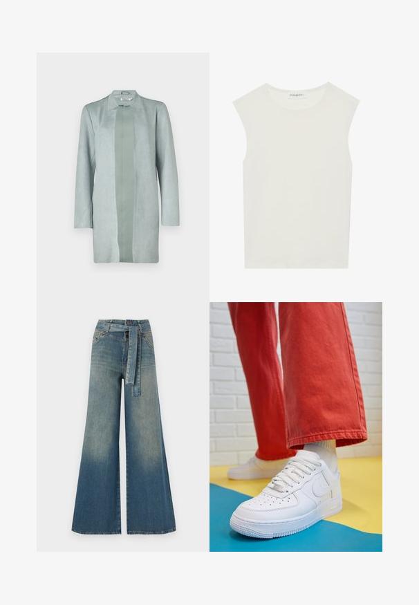 Light green, long-sleeve jacket made of soft suede-like material, featuring a straight silhouette and a central panel of a slightly darker shade.; White sleeveless top with a round neckline. Made of smooth fabric, it features a relaxed fit and minimalist design. No patterns or accents.; Wide-leg denim trousers featuring a light to dark blue gradient, high waist, belt loops, and a matching fabric belt. Textured denim finish.; White leather sneaker with perforated toe box, textured sole, and white laces, paired with wide red pants and a blue and yellow background.