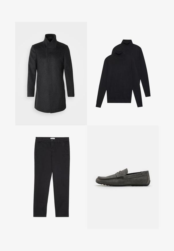 Isaac Dewhirst HIDDEN BUTTON PLACKET - Halflange jas - dark grey; Twee zwarte, lange mouwen coltruien, eenvoudig gebreid, gestapeld met de één iets achter de ander op een witte achtergrond.; Zwarte katoenen broeken met een slim fit, voorzien van twee zijzakken en een sluiting met een voorknop. Geweven stof met subtiele.details.; Grijze suède instapper met een ronde neus, gestikte details en een platte rubberen zool. De schoen heeft een zachte textuur en een accent van een voorste band.