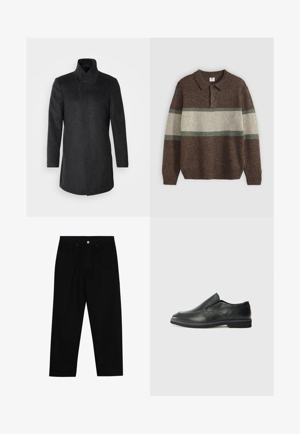 Isaac Dewhirst HIDDEN BUTTON PLACKET - Kurzmantel - dark grey; Brauner gestrickter Pullover mit Kragen und drei Knöpfen. Verfügt über breite beige und grüne horizontale Streifen. Strukturiertes Gewebe mit gerippten Bündchen.; Schwarze Jeans mit geradem Schnitt, Fünf-Taschen-Design und einem vorderen Knopfverschluss. Glatte Textur mit minimalen Nähten.; Schwarze Leder-Slipper mit glattem Obermaterial, gesteppten Akzenten, runder Zehenpartie und niedrigem Gummiabsatz. Die Sohle hat ein minimales Profil.