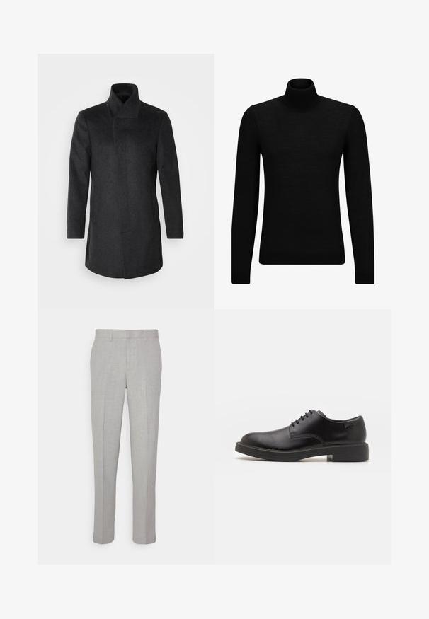 Isaac Dewhirst HIDDEN BUTTON PLACKET - Κοντό παλτό - dark grey; Μαύρο πουλόβερ σταυρωτό λαιμό, φτιαγμένο από μαλακό υλικό, με μακριά μανίκια και εφαρμοστή γραμμή. Ριγωτή λεπτομέρεια στο τελείωμα και στους καρπούς. Απλός σχεδιασμός.; Ανοιχτό γκρι παντελόνια με λεία υφή, επίπεδο μπροστινό μέρος και ίσιες γραμμές. Κατασκευασμένα από αναπνεύσιμο ύφασμα, διαθέτουν εσωτερικές τσέπες και θηλιές για ζώνη.; Μαύρο δερμάτινο παπούτσι με κορδόνια, με στρογγυλή μύτη, λεία υφή, ελάχιστη ραφή και χαμηλή καουτσούκ σόλα. Λογότυπο στη σόλα.