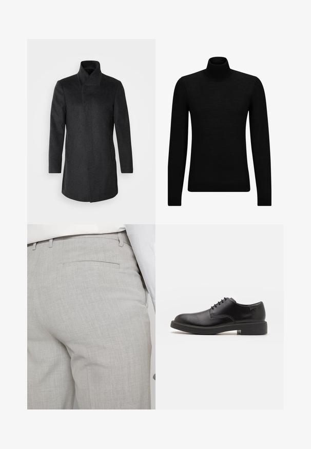 Isaac Dewhirst HIDDEN BUTTON PLACKET - Short coat - dark grey; Black turtleneck sweater made of soft material, featuring long sleeves and a snug fit. Ribbed trim at the hem and cuffs. Simple design.; Light gray tailored trousers made of textured fabric, featuring a single back pocket and clean stitching.; Black leather lace-up shoe with a rounded toe, smooth texture, minimal stitching, and a low rubber heel. Logo on the heel.