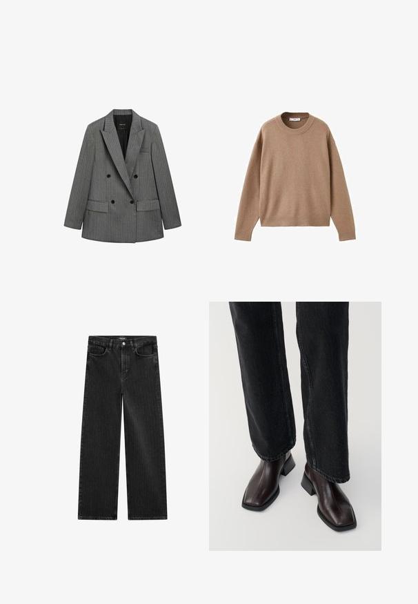 Dobbeltbrystet grånistribet blazer med brede revers, sorte knapper og klaftlommer, vist fladt på en hvid baggrund.; Blød beige langærmet crewneck sweater med ribbede manchetter, kant og krave, præsenteret fladt på en hvid baggrund.; Bredde ben sorte denimbukser med en subtil lodret stribepattern, der har fem lomme-design og en klassisk knaplukning i taljen.; Brune læder ankelstøvler med firkantet tå og blokhæl, parret med sorte brede jeans. Glat tekstur og minimalistisk design.