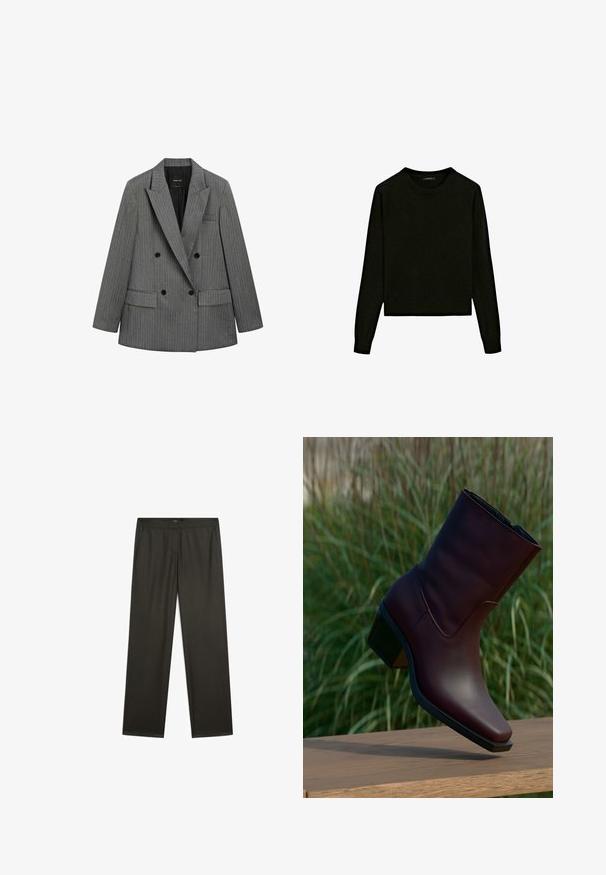 Dobbeltbrystet grånistribet blazer med brede revers, sorte knapper og klaftlommer, vist fladt på en hvid baggrund.; Sort strikket sweater med rund hals, lange ærmer og cropped design. Fremstillet af et blødt materiale med en glat tekstur.; Mørkegrønne, vide bukser med en glat tekstur, elastisk talje og sidelommer. Simpelt design uden synlige mønstre eller metaldele.; Mørkebrune læderankelstøvler med blokhæle, der står på en træoverflade udendørs med højt grønt græs i baggrunden.
