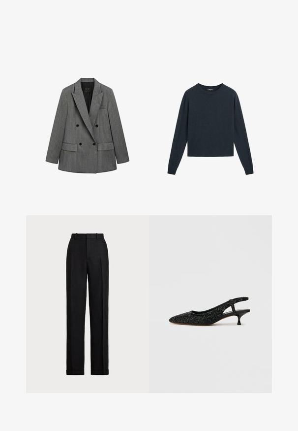 Dobbeltbrystet grånistribet blazer med brede revers, sorte knapper og klaftlommer, vist fladt på en hvid baggrund.; Mørkeblå sweater lavet af blødt strikstof, med rund hals, lange ærmer og et cropped design med ribbede manchetter og kant.; Sorte, højtaljede bukser lavet af linned. Har lige ben, pressefolder og manchetter ved kanten. Ingen synlige lommer eller lukninger.; Sorte slingback sko med spids tå, tekstureret overdækning og en slank kitten hæl. Har et karakteristisk vævet mønster og justerbar rem.