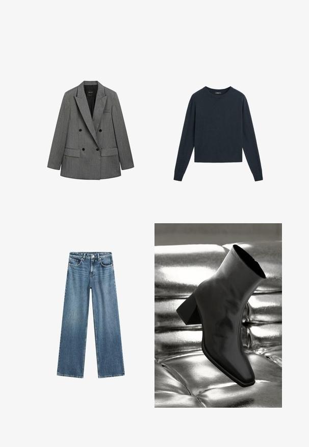 Blazer grigio a righe con doppiopetto, revers ampi, bottoni neri e tasche a pattina, esposto piano su uno sfondo bianco.; Maglione blu scuro realizzato in morbido tessuto a maglia, con collo rotondo, maniche lunghe e un design cropped con polsini e orlo a coste.; Jeans a gamba larga in denim azzurro chiaro con vita alta, design a cinque tasche e chiusura con bottone. Il tessuto presenta una texture leggermente sbiadita.; Stivale alla caviglia nero realizzato in materiale lucido con punta quadrata e tacco affusolato, posizionato su uno sfondo argentato lucido con imbottiture a sfera.