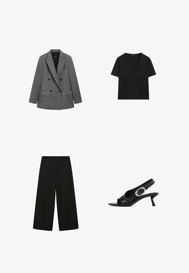 Dobbeltbrystet grånistribet blazer med brede revers, sorte knapper og klaftlommer, vist fladt på en hvid baggrund.; Sort kortærmet V-hals T-shirt med et simpelt, tætsiddende design på en hvid baggrund.; Sorte vide bukser lavet af blødt stof, med høj talje og plisseringer, der har en glat tekstur og ingen synlige dekorationer.; Sorte læderslynge sko med åben tå, med et sølvfarvet oval spænde på remmen og en slank kitten hæl. Glat tekstur.