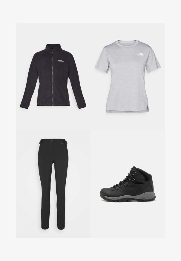 Giacca in pile nera con colletto alto, zip completa e logo sul petto sinistro; presenta maniche lunghe e polsini elastici.; T-shirt grigio a maniche corte realizzato in morbido tessuto traspirante. Presenta un collo tondo e un piccolo logo bianco nella parte superiore sinistra.; Pantaloni neri aderenti realizzati in materiale flessibile. Presentano una tasca laterale con zip, ginocchia articolate e una texture liscia.; Stivale da trekking nero con design a metà altezza, dotato di una tomaia texturizzata, accenti grigi e suola in gomma resistente con tasselli per la trazione.
