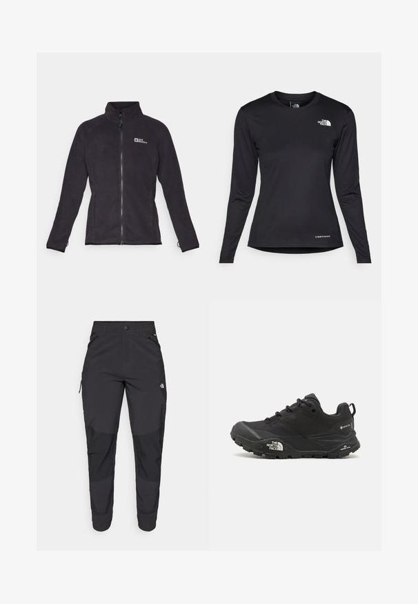 Black fleece jacket with a high collar, full zipper, and logo on the left chest; features long sleeves and elastic cuffs.; The North Face SHADOW LONG SLEEVE - Long sleeved top - black; Black outdoor pants made of durable fabric. Feature zippered pockets, reinforced knee panels, and a straight cut design for mobility.; Black hiking shoe with a textured upper, lace closure, and a chunky rubber sole featuring a prominent logo on the side and tread patterns.