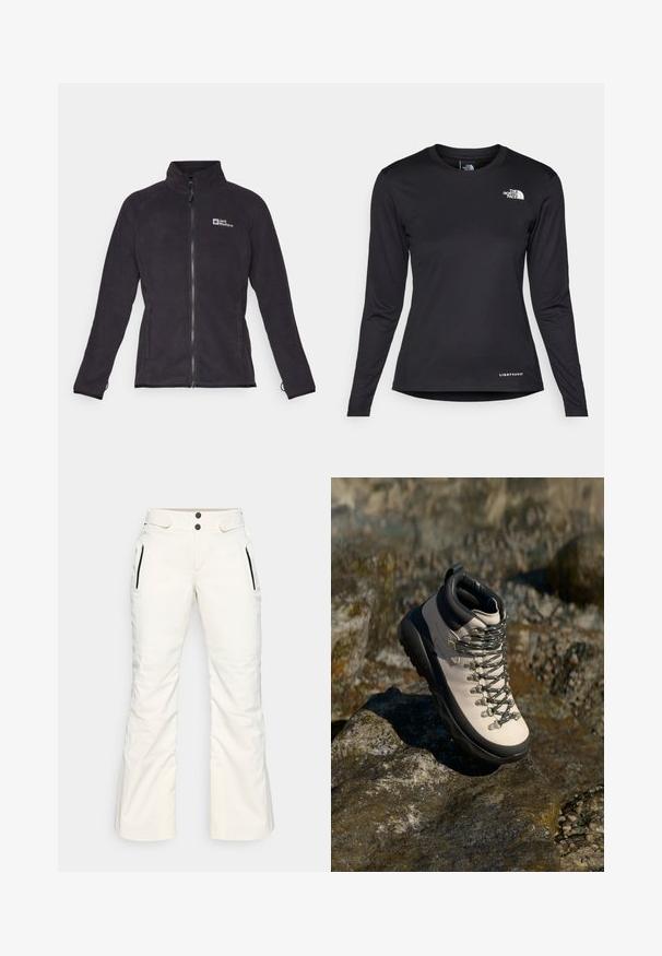Čierna flísová bunda s vysokým golierom, plným zipsom a logom na ľavej hrudi; má dlhé rukávy a elastické manžety.; The North Face SHADOW LONG SLEEVE - Top s dlhým rukávom - black; Biele lyžiarske nohavice s hladkým povrchom, vybavené dvoma zipsovými bočnými vreckami, dvoma gombíkmi na páse a mierne rozšíreným strihom nohavíc.; Svetlo béžová turistická obuv s čiernou gumovou podrážkou, flexibilným zvrškom, kovovými očkami a šedými šnúrkami, umiestnená na skalnatom povrchu.