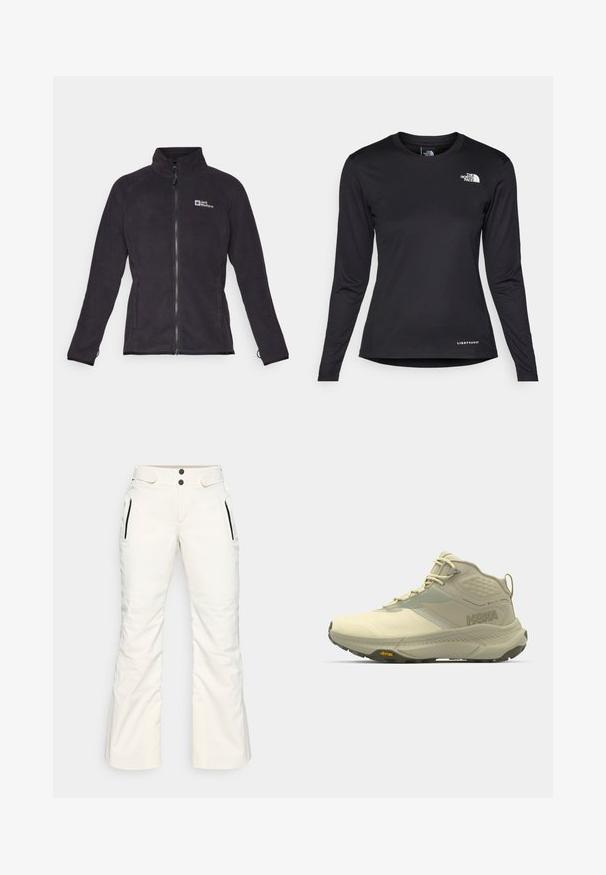 Casaco de fleece preto com gola alta, fecho completo e logótipo no lado esquerdo do peito; apresenta mangas longas e punhos elásticos.; The North Face SHADOW LONG SLEEVE - Camisola de manga comprida - black; Calças de esqui brancas com uma textura lisa, apresentando dois bolsos laterais com zíper, dois botões na cintura e um design de perna ligeiramente larga.; Bota de caminhada Hoka em bege claro, com um upper texturizado, fecho de atacadores e sola Vibram. Logótipo lateral distintivo e design de suporte.