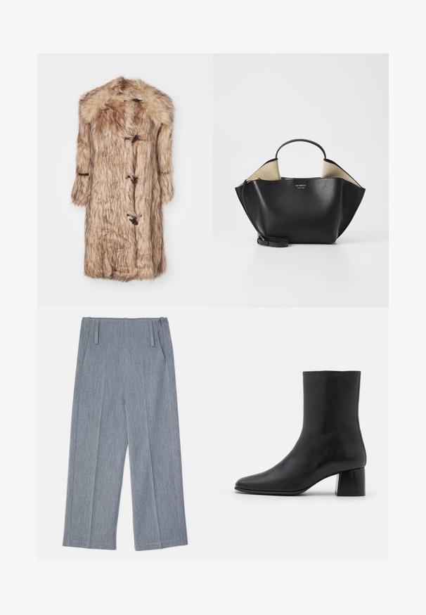 Lang faux fur frakke i beige, med en pelsforet krave, lange ærmer og toggle-lukninger. Blød tekstur med et langhåret udseende.; Sort langærmet bluse lavet af blødt stof, med rund halsudskæring og en afslappet pasform med sideslids i kanten for nem bevægelse.; Lys grå, vidde bukser lavet af struktureret stof, med to frontfolder og to sidelommer. Ren, skræddersyet design.; Sorte læder ankelstøvler med spids tå og en kraftig firkantet hæl. Glat overflade med et sømløst design og minimalistisk syning.; Ree Projects ANN TOTE MINI - Håndtasker - black