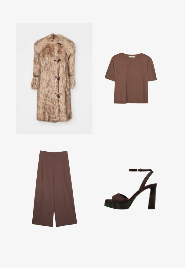 Lång fuskpälsjacka i beige, med en krage klädd i päls, långa ärmar och snäppstängningar. Mjuk textur med en lurvig utseende.; Brun kortärmad t-shirt i mjukt tyg, med rund halsringning och avslappnad passform. Inga synliga mönster eller detaljer.; Bruna vida byxor med en slät textur, som har hög midja och framfickor. Tyget är lätt och flödar löst.; Bruna mocka högklackade sandaler med öppen tå, justerbar vristrem och en randig plattformssula.