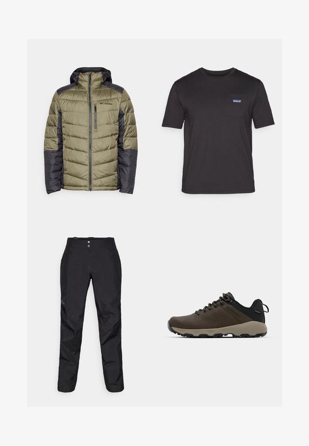 Columbia LABYRINTH LOOP™ II HOODED JACKET - Žieminė striukė - stone green/shark; Juodas trumpo rankovės marškinėliai, pagaminti iš medvilnės, su krūtinės kišene ir mėlynu Patagonia logotipu kairėje pusėje.; Juodos vandeniui atsparios kelnės su lygia tekstūra, turinčios du priekiniai mygtukai ir siaurėjančio kirpimo dizainas. Akcentuota logotipu šone.; Rudi nepralaidūs sportbačiai su tekstūruota viršutine dalimi, perforuotomis detalėmis, juodu kulno palaikymu ir pilku guminio padu. Šniūreliai yra dekoruoti metaliniais galais.