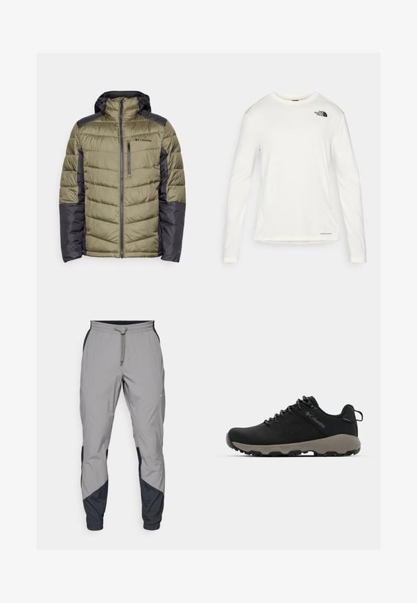 Columbia LABYRINTH LOOP™ II HOODED JACKET - Vinterjakke - stone green/shark; Hvit langermet skjorte med rund hals, teksturert stoff, svart logo på venstre skulder, og subtil merkevareplassering nederst.; Lettvektige, grå treningsbukser med svarte detaljer. Elastisk midjebånd, snøring, tapered benedesign og sidelommer.; Svart tursko med glatt overdel, perforert design, grå såle og forsterket hæl. Har snøringer og en pull-tab for enkel påkledning.