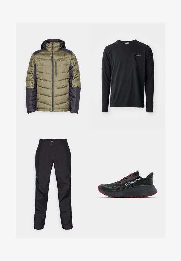 Columbia LABYRINTH LOOP™ II HOODED JACKET - Zimná bunda - stone green/shark; Columbia COLUMBIA TECH™ LONG SLEEVE CREW - Top s dlhým rukávom - black; Čierne nepremokavé nohavice s hladkou textúrou, vybavené dvoma prednými gombíkmi a zúženým strihom. Ozdobené logom na boku.; Čierna športová obuv s textúrovaným zvrškom, červenými šnúrkami a logom. Hrubá podrážka s vzorovaným dezénom pre trakciu. Minimalistický dizajn, bočný pohľad.