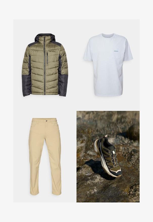 Columbia LABYRINTH LOOP™ II HOODED JACKET - Winterjacke - stone green/shark; Weißes Baumwoll-T-Shirt mit kurzen Ärmeln, Rundhalsausschnitt und einer linken Brusttasche, die ein blaues "Patagonia"-Logo aufweist. Klassische Passform mit glatter Textur.; Patagonia QUANDARY PANTS - Outdoor-Hose - classic tan; Wanderschuh in Olivgrün und Schwarz mit pinken Akzenten. Verfügt über ein strukturiertes Obermaterial, eine flexible Sohle, eine verstärkte Zehenkappe und ein farbenfrohes Schnürsystem.