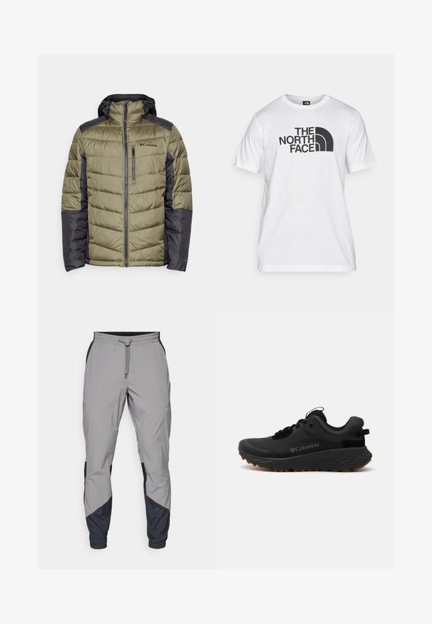 Columbia LABYRINTH LOOP™ II HOODED JACKET - Giacca invernale - stone green/shark; T-shirt bianca in cotone con stampa grafica nera che presenta testo e un design del logo curvo. Collo rotondo e maniche corte. Texture semplice.; Pantaloni sportivi leggeri grigi con accenti neri. Vita elastica, chiusura con cordino, design a gamba affusolata e tasche laterali.; Scarpa sportiva Columbia nera con superficie texturizzata, colletto imbottito e suola in gomma con un motivo distintivo per una migliore aderenza.