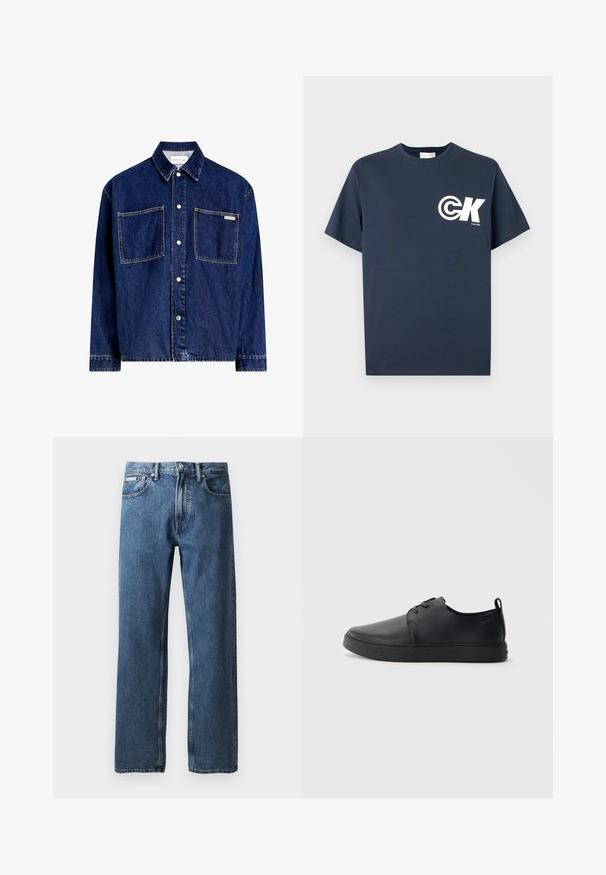 Temno modra denim jakna z dvema žepoma na prsih, zapenjanjem na gumbke, koničastim ovratnikom in vidnimi šivi. Narejena iz trpežnega denim materiala.; Modra mornarsko modra majica s kratkimi rokavi in okroglim izrezom z belim logotipom CK in napisom "Calvin Klein" na levi strani prsnega koša.; Modre naravnost krojene kavbojke z visokim pasom, zapenjanjem na gumb in zadrgo, sprednjimi žepi in majhno belo blagovno oznako na desnem žepu.; Črne usnjene športne čevlje z gladko površino, okroglo oblikovano nosilo, toniranim šivanjem, vezanjem spredaj in ravnim gumijastim podplatom. Zanko na peti.