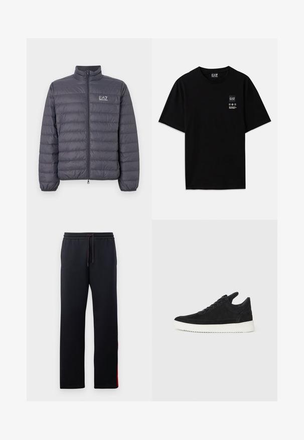 Pilkas pūkuotas švarkas su aukštu apykakle, keturkampio rašto, priekinis užtrauktukas ir EA7 logotipas ant krūtinės. Lygus paviršius, lengvas audinys.; Juoda medvilnė t-shirt su trumpomis rankovėmis, apvalia iškirpte ir maža logotipo etiketė priekyje su baltomis priežiūros simbolių pictogramomis.; Juodi sportiniai kelnių su raišteliu juosmenyje, siaurėjančiomis kojomis ir raudonomis akcentų juostelėmis šonuose. Minkšta, tampraus audinio struktūra su lygiu paviršiumi.; Juodų suede sportbačių su balta gumine padu, su toniniais siuvinėjimais ir raištelių užsegimu. Sklandus paviršius su šiuolaikine, laiko forma.