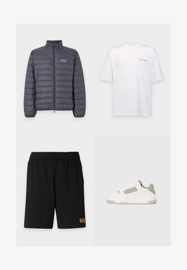 Casaco puffer cinza com colarinho alto, design acolchoado, fecho de correr frontal e logotipo EA7 no peito. Textura suave, material leve.; T-shirt branca de manga curta em algodão com decote em V, apresentando um logótipo preto "FILLING PIECES" impresso do lado esquerdo.; Calções desportivos pretos feitos de um tecido suave, com um cós elástico e um pequeno logótipo amarelo EA7 na parte inferior da perna esquerda.; Sapatilhas baixas brancas e cinzas claras com atacadores brancos e acabamentos em camurça, apresentadas de lado sobre um fundo claro.