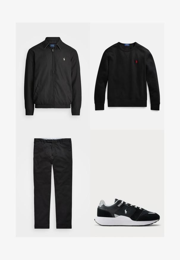 Svart bomberjakke laget av glatt materiale med glidelås foran, elastiske mansjetter, sidelommer og en liten brodert logo på brystet.; Svart crewneck-genser laget av bomullsmateriale, med en liten rød logo på venstre bryst, og ribbekantede ermer og nederkant.; Sorte chinos med rett ben, laget av bomullsblanding, med glidelås, beltehemper og sidelommer. Glatt tekstur.; Svart-hvitt low-top sneaker med mesh og semsket skinn på overdelen, hvite snørebånd, hvit såle, og en polo-spiller logo på siden.