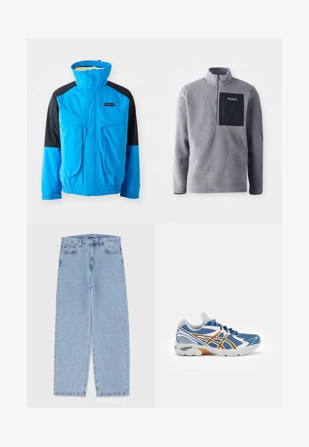 Blue and black waterproof jacket with high collar, two front pockets, elastic cuffs, and adjustable hem. Smooth texture with stitching details.; Grey fleece pullover with a half-zip collar, a navy chest pocket, two side pockets, and textured fabric. Lightweight and casual design.; Light blue denim jeans with straight leg design, featuring a mid-rise waist, five pockets, and a button and zipper closure.; Blue athletic shoe with mesh upper, white and orange accents, cushioned midsole, and textured rubber outsole. Features lace-up design.