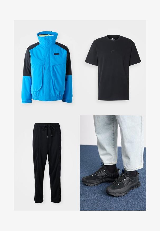 Blue and black waterproof jacket with high collar, two front pockets, elastic cuffs, and adjustable hem. Smooth texture with stitching details.; Nike black cotton t-shirt with a classic crew neck, short sleeves, and a subtle, embossed logo on the chest. Smooth texture.; Black drawstring waist casual pants with side seam pockets and straight leg cut on a plain background.; Black athletic shoes with textured fabric and rubber soles, featuring elastic laces and a blue accent on the heel. Worn with light denim pants.