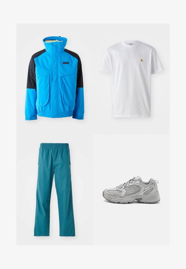 Modrá a čierna nepremokavá bunda s vysokým golierom, dvomi prednými vreckami, elastickými manžetami a nastaviteľným lemom. Hladká textúra s detailným prešívaním.; Biele bavlnené tričko s krátkymi rukávmi, okrúhlym výstrihom, s malým zlatým logom na ľavej strane hrude. Mäkká textúra a normálny strih.; Tyrkysové nohavice z ľahkého materiálu, s elastickým pásom a rovný strih, vybavené bočnými vreckami.; Strieborná športová obuv so štíhlym dizajnom, sieťovanými panelmi, polstrovaným jazykom, textúrovaným syntetickým zvrškom a gumovou podrážkou pre trakciu.