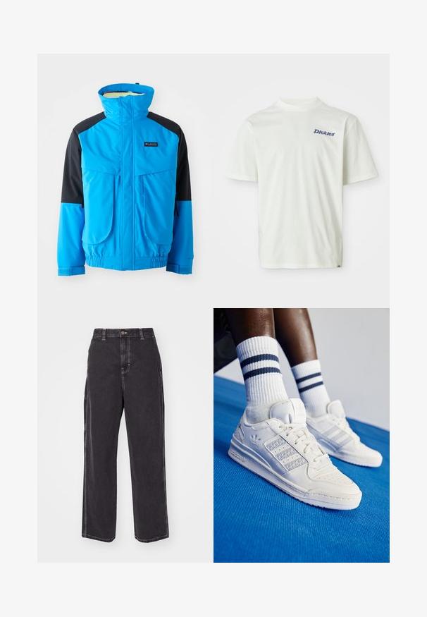 Chaqueta impermeable azul y negra con cuello alto, dos bolsillos frontales, puños elásticos y dobladillo ajustable. Textura suave con detalles de costura.; Camiseta blanca de manga corta hecha de algodón, con un texto de logo azul "Dickies" en la parte izquierda del pecho y un diseño de corte recto.; Pantalones de mezclilla negros con un ajuste relajado, que presentan costuras blancas en contraste y un cierre de botón. Diseño de pierna recta, sin bolsillos adicionales.; Zapatillas de cuero blancas con acentos perforados, tres franjas metálicas y un panel lateral texturizado. Llevadas con calcetines blancos con rayas azules.
