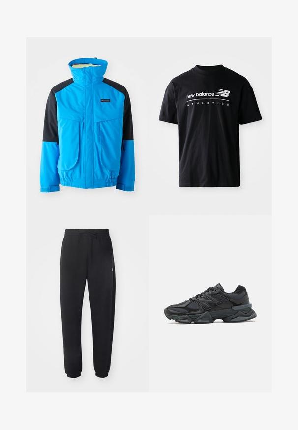 Giacca impermeabile blu e nera con colletto alto, due tasche frontali, polsini elastici e orlo regolabile. Texture liscia con dettagli di cucitura.; T-shirt in cotone nero con colletto a girocollo, maniche corte e grafiche testuali bianche "new balance" e "ATHLETICS" sul davanti.; Pantaloni della tuta neri realizzati in materiale morbido con vita elastica, coulisse e polsini aderenti, caratterizzati da un logo sottile sul lato.; Scarpa da corsa nera con una combinazione di materiali in rete e sintetici, suola spessa, design curvo e marchio ben visibile sul lato.