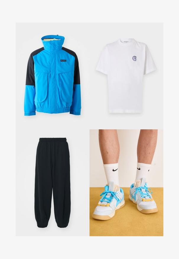 Blauwe en zwarte waterdichte jas met hoge kraag, twee voorzakken, elastische manchetten en verstelbare zoom. Glad materiaal met stikseldetails.; Wit katoenen T-shirt met korte mouwen, ronde hals en een klein, geborduurd blauw "C"-logo op het linker borstgebied.; Zwarte, elastiche sweatpants met een losse pasvorm, manchetten aan de enkels, een zachte textuur en zonder zichtbare patronen of hardwareaccenten.; Lichtblauwe sneakers met tan kleurige zolen, uitgerust met opvallende turquoise veters en gele accenten. Textuurmaterialen en zichtbare luchtkussens.