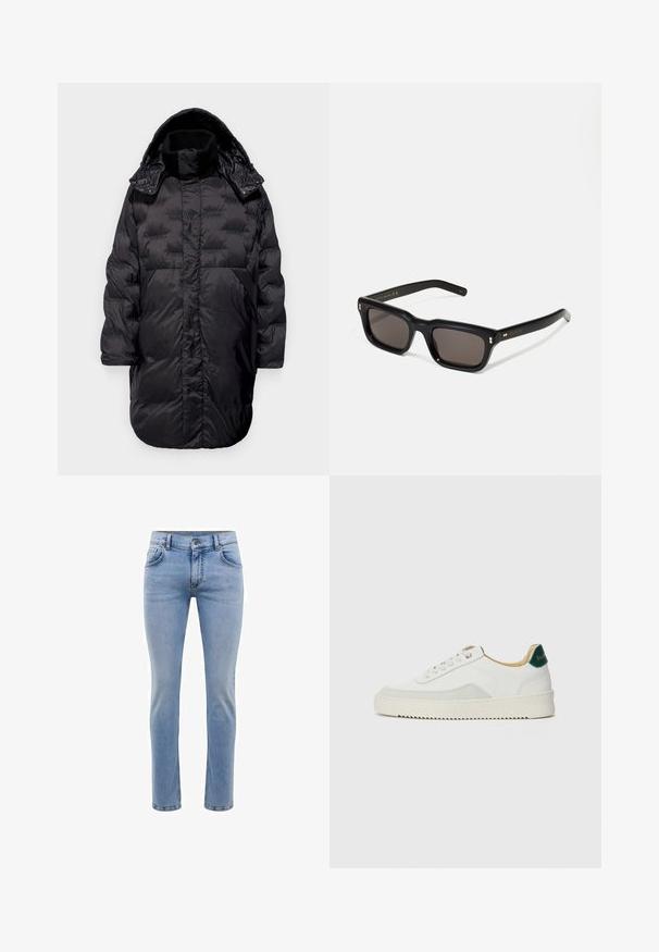 Mustapuffatakki, jossa on huppu, korkea kaulus, tikkikuvio ja kaksi sivutaskua. Sileä pinta. Vetoketju- ja napitus.; Valkoinen puuvillainen T-paita, jossa on lyhyet hihat, pyöreä kaula-aukko ja sileä pinta. Kaula-aukossa on minimaalista brändäystä.; Vaaleansiniset farkut, joissa on slim fit -leikkaus, viisi taskua ja suorat lahkeet. Varustettu vetoketjulla ja vyölenkeillä. Pehmeä pinta.; Valkoiset tennarit, joissa on nahkaosia, pyöreä kärki, tasaiset nauhat ja kermaisa kumi-pohja. Takana vihreä brändäys.; Mustat suorakulmaiset aurinkolasit tummilla linsseillä, paksu muovikehys, kultaiset korostukset temppeleissä ja brändin logo kaiverrettuna varteen.