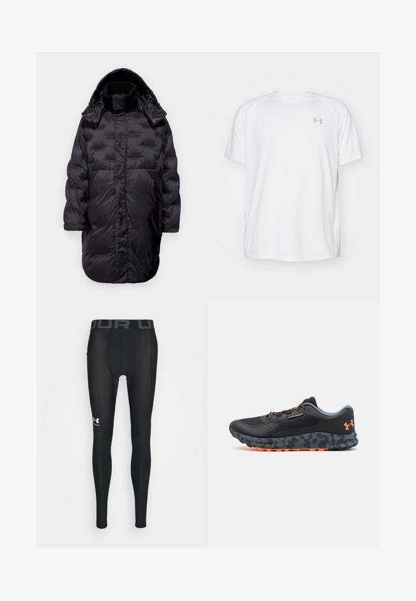 Svart pufferjacka med huva, med hög krage, quiltat mönster, två sidofickor och en slät yta. Dragkedja och tryckknappar.; Vit kortärmad träningsskjorta tillverkad av mjukt tyg. Har rund halsringning och en grå logo på vänster bröst, med sidoflikar vid fållen.; Svart kompressionsleggings gjorda av ett glatth, flexibelt material med en bred elastisk midjeband med "UNDER ARMOUR"-logotyp i grått och stiliserad logotyp på underbenet.; Svart sportskor med texturerad ovandel, grå detaljer, orange accentfärger, sula med kamouflage-mönster och snörningssystem för en säker passform.