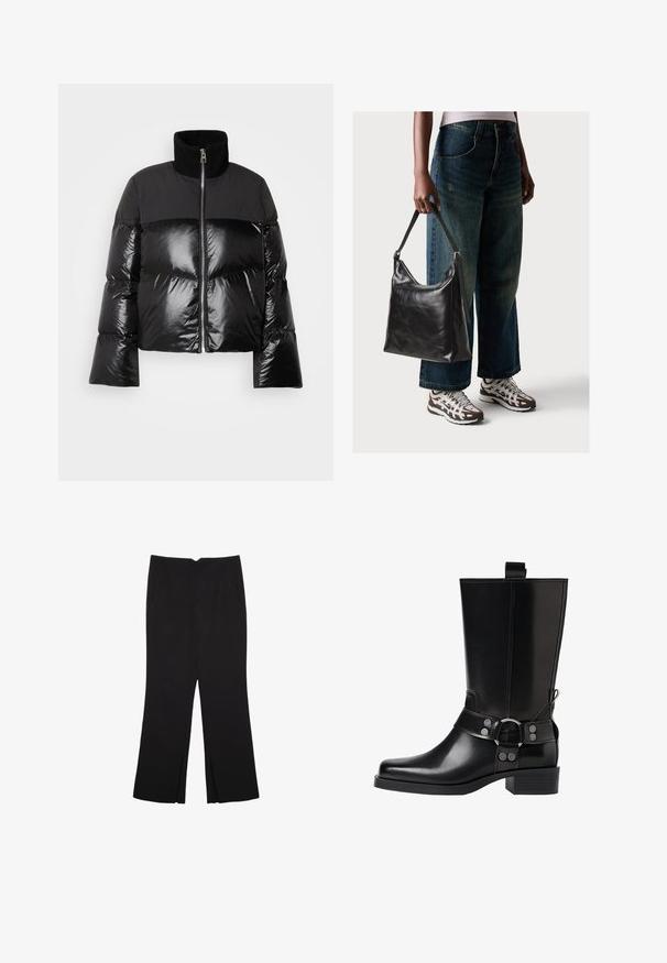 Marc O'Polo - Kurtka puchowa; Czarny, długi sweter z dzianiny z poduszkami na ramionach oraz prążkowanymi mankietami i dołem, pokazany na białym tle.; Czarne spodnie o prostym kroju, z przednimi kieszeniami i bocznymi rozcięciami na dole. Wykonane z miękkiego, gładkiego materiału. Odpowiednie na różne okazje.; Czarne skórzane buty za kolano z wydłużonym noskiem, srebrnymi akcentami w postaci klamr oraz masywnym obcasem. Posiadają pętelkę umożliwiającą łatwe zakładanie.; Czarna skórzana torba na ramię o gładkiej fakturze i regulowanym pasku, w zestawieniu z wyblakłymi dżinsami typu wide-leg i sportowymi butami.