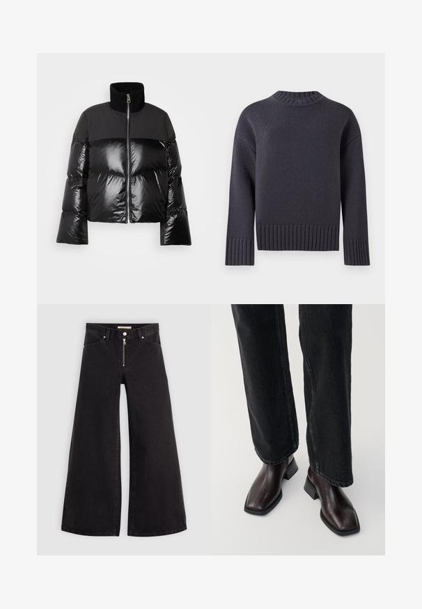 Marc O'Polo Sulejope - black; Merineelne sinine kampsun kõrge soonikkoes krae ja laia soonikkoes varrukatega ning alumise äärega. Omab lahedat lõiget ja tekstuurset kangast.; Laiad teksad mustast denimist, millel on lukuga eesmine osa, viie taskuga disain ja peened õmblusdetailid. Sile tekstuur ja juhuslik stiil.; Pruunid nahast pahkluu saapad, millel on ruudukujuline varvas ja plokk-kand, koos mustade laiade pükstega. Sile tekstuur ja minimalistlik disain.