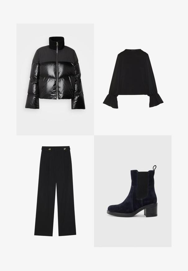 Marc O'Polo Jachetă cu puf - black; Top negru cu mânecă lungă, cu mansete evazate, textură moale și croială lejeră, având un guler rotund simplu.; Pantaloni negri cu picioare largi, talie înaltă, detalii cu butoane pe talie și pliseuri în față.; Botine din suede de culoare bleumarin, cu panou elastic pe lateral, vârf rotunjit și toc pătrat. Materialul texturat și talpa netedă oferă un contrast.