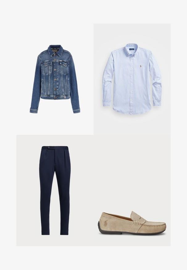 Kék farmerdzseki klasszikus dizájnnal, két elülső zsebbel, gombos záródással és enyhén elhalványult textúrával, kontrasztos varrási díszítésekkel.; Világoskék és fehér csíkos gombos ing klasszikus gallérral, hosszú ujjakkal, és egy apró hímzett logóval a mellkasán.; Tengerészeti kék, testreszabott nadrág, lapos elejű, két elülső pliszével és egy gombos záródással, sima, textúrált anyaggal.; Beige velúr mokaszin, varrott díszítéssel, lapos gumitalppal és kis logóval az oldalon. Klasszikus slip-on dizájn, puha tapintású.