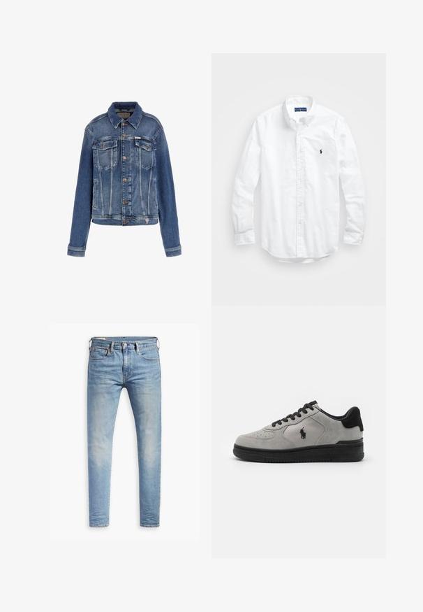 Niebieska kurtka dżinsowa o klasycznym fasonie, z dwoma przednimi kieszeniami, zapięciem na guziki oraz lekko zgaszonym teksturą z kontrastowym wykończeniem szwów.; Biała, bawełniana koszula z długim rękawem zapinana na guziki. Posiada klasyczny kołnierzyk, mankiety zapinane na guziki oraz małe, granatowe, haftowane logo na klatce piersiowej.; Czarna, oversize koszulka z ciemnoszarym napisem "ALLSAINTS" na piersi oraz słowem "LONDON" mniejszymi literami poniżej.; Jasnoniebieskie, dopasowane dżinsy z lekkim przetarciem na udach, z zapięciem na guziki z przodu, pętelkami na pasek oraz pięcioma kieszeniami, na białym tle.; Szare zamszowe sneakersy z czarnymi akcentami, z teksturowanym bocznym panelem, okrągłym noskiem i czarną gumową podeszwą. Haftowane logo po boku.